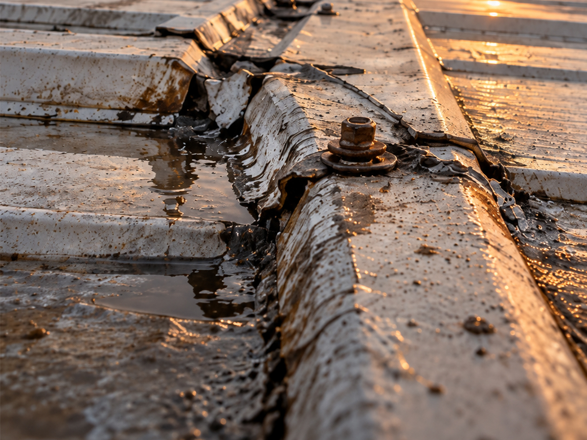 Sandviç panel çatıda paslı cıvata, birleşim yerinde çatlak ve oluklarda biriken su; yalıtım ve onarım gerektiren hasarlı çatı