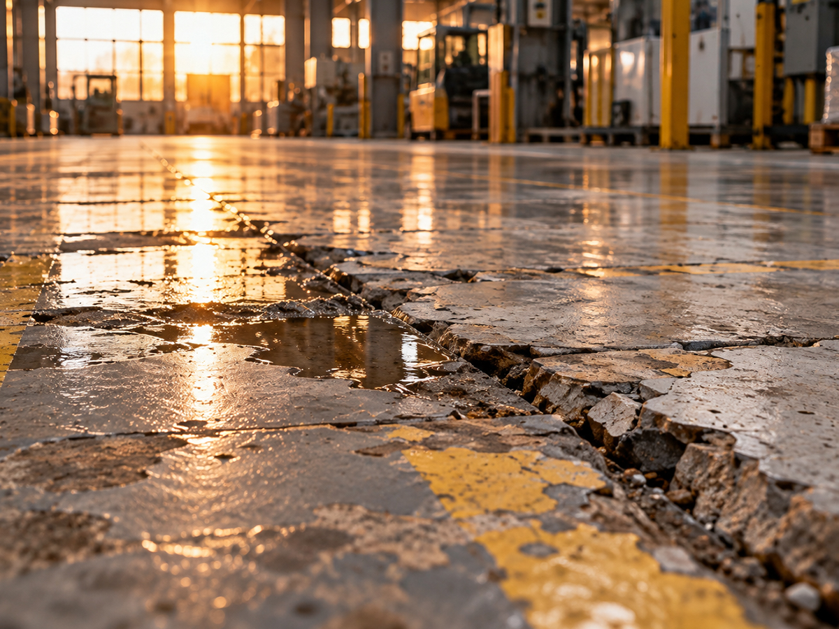 Fabrika içinde çatlamış, kırılmış ve su birikmiş beton zemin; kenarlarda yıpranmış sarı yol çizgileri görünüyor