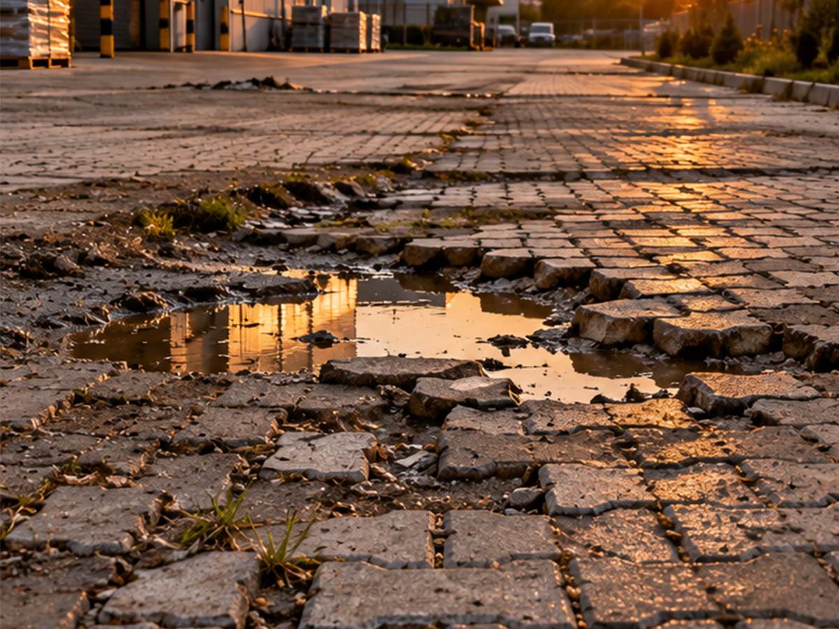 Endüstriyel sahada çöken, çatlayan ve çimlenmiş kilit taşlı yol; çukurda biriken su gün batımında parlıyor