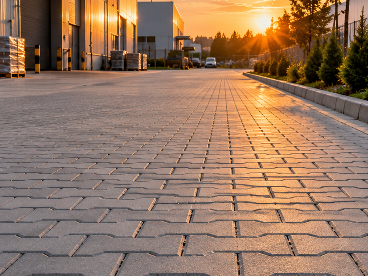 Gün batımında fabrika binalarının önünde, kenarında bordür ve çam ağaçları bulunan kilit parke taşı döşeli endüstriyel yol