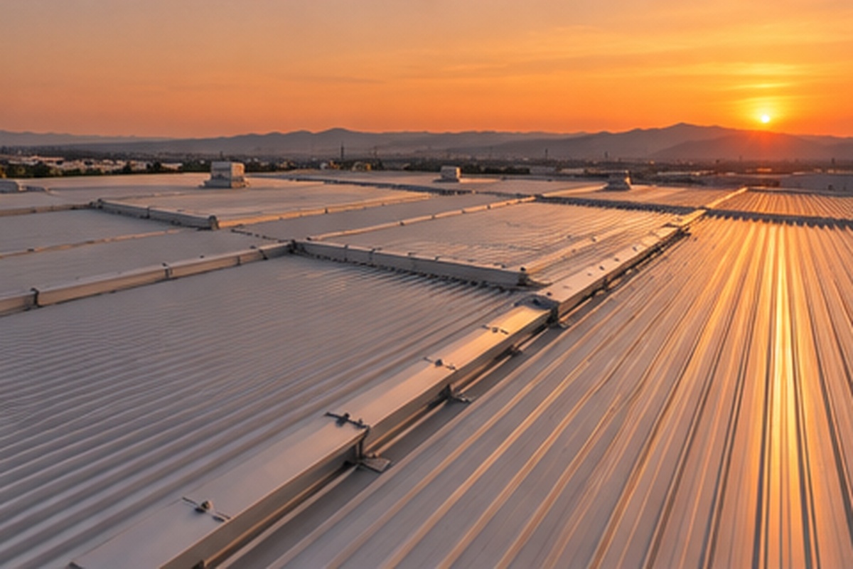 Fabrika çatısında oluklu metal çatı kaplaması ve panel birleşim detayları
